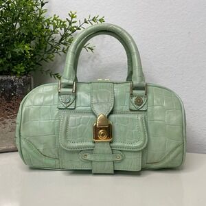 Aspinal of London Satchel Handbag Purse Green Croc Embossed Leather Gold Accents
